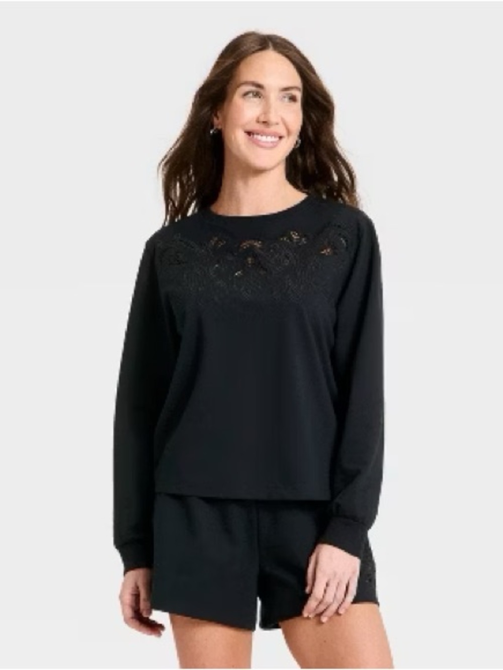 NWT Women's A New Day Eyelet Sweatshirt Black Floral Appliqué Sz S